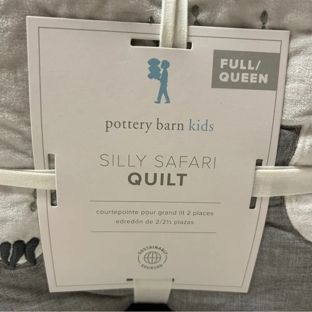 Pottery Barn Kids Silly Safari Quilt Animals Zoo Gray Full Queen Bedding Bed